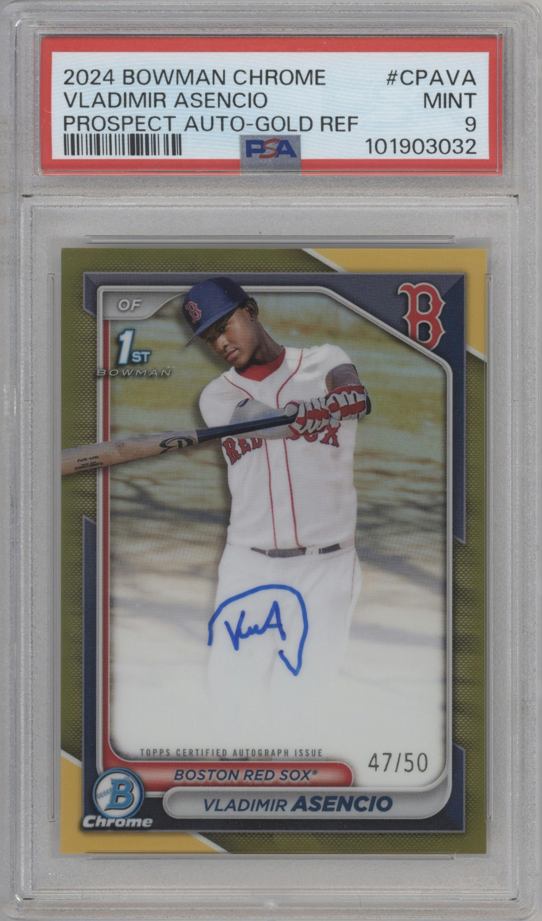 Vladimir Asencio from the 2024 Bowman Chrome set featuring a Gold Refractor parallel graded by PSA and given an overall grade of 9.