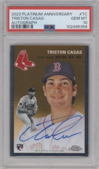 Triston Casas from the 2023 Topps Chrome Platinum Anniversary set graded by PSA and given an overall grade of 10.