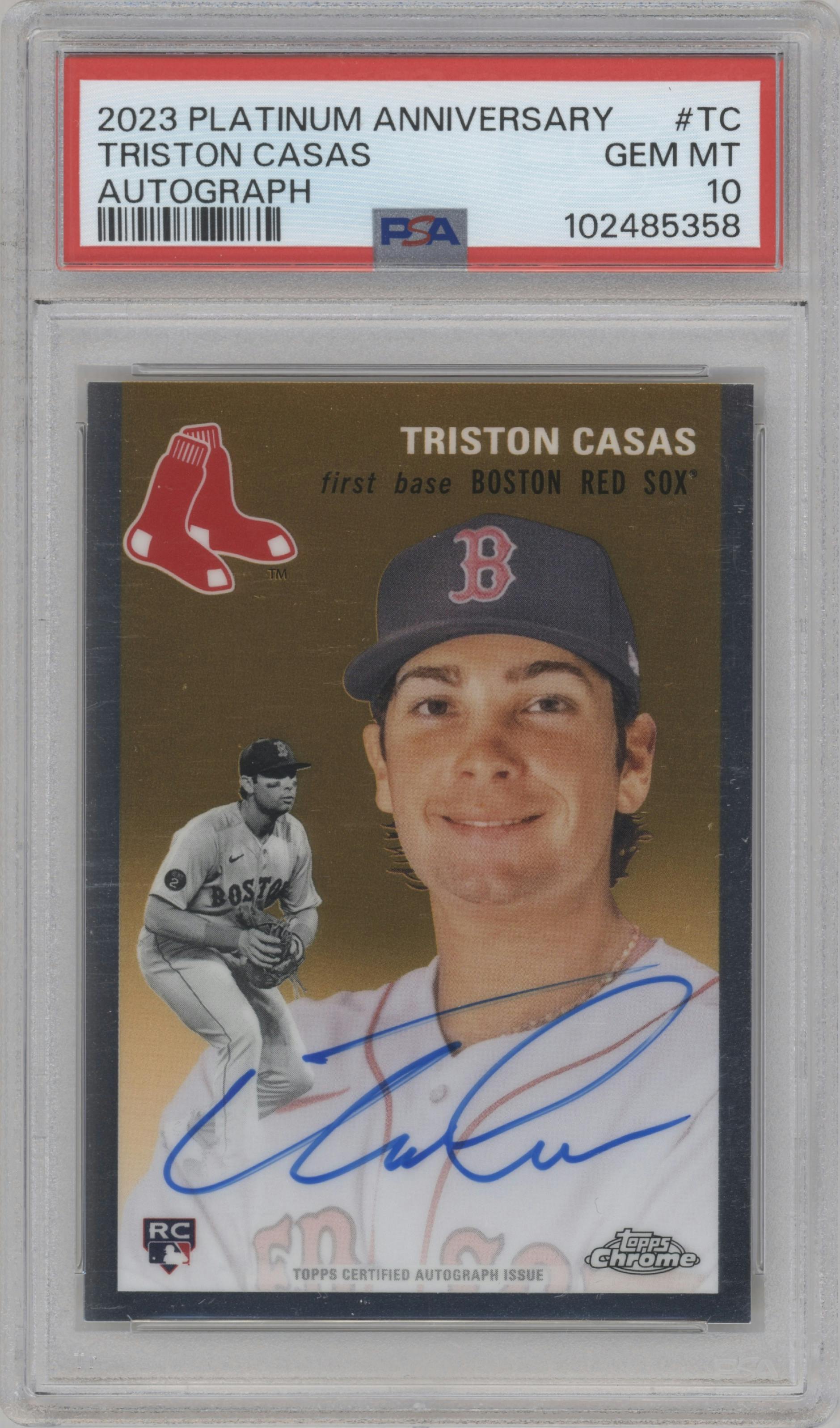 Triston Casas from the 2023 Topps Chrome Platinum Anniversary set graded by PSA and given an overall grade of 10.