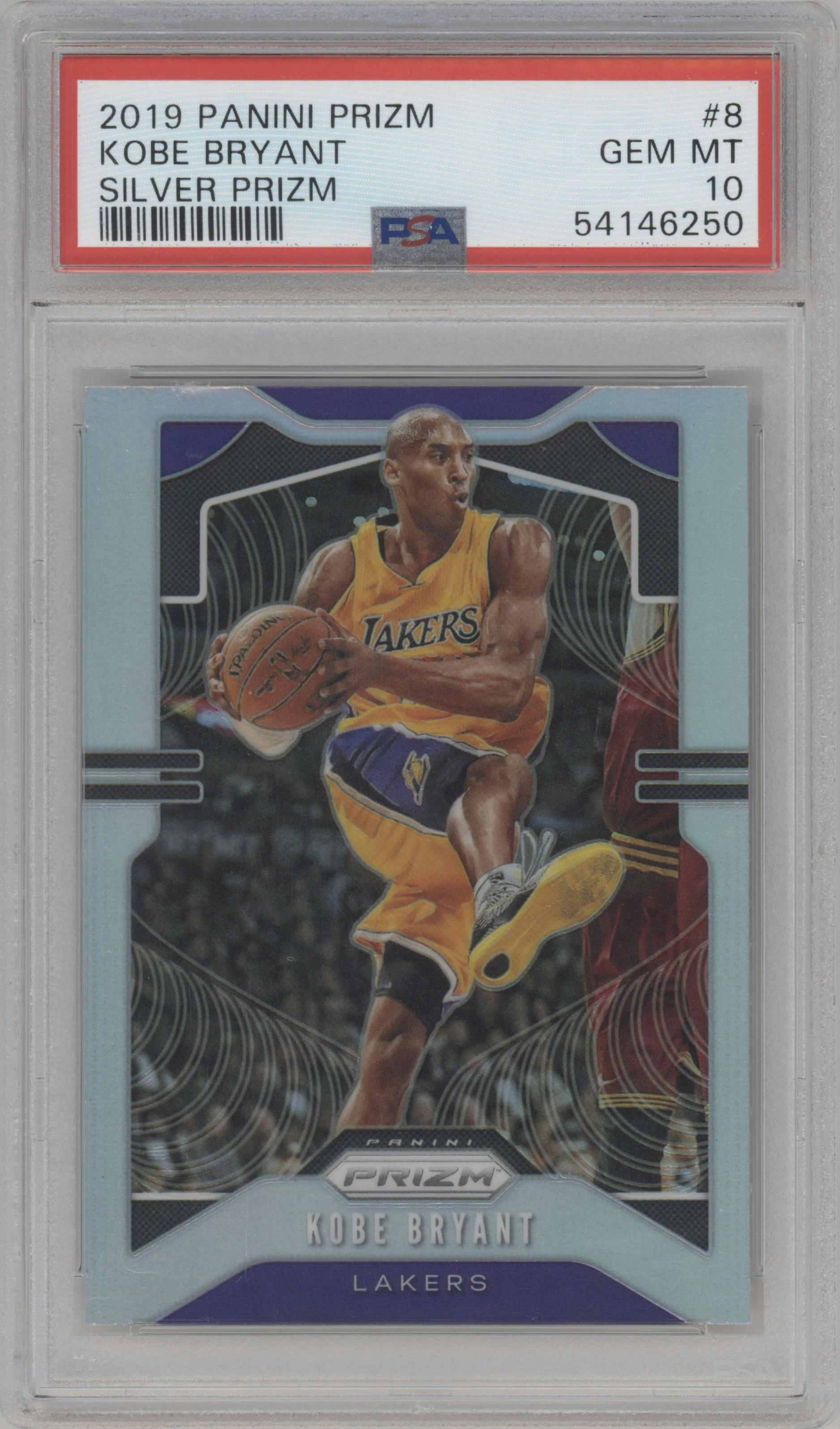 Kobe Bryant from the 2019-20 Panini Prizm set featuring a Silver Prizm parallel graded by PSA and given an overall grade of 10.