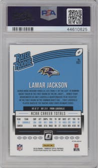 Lamar Jackson from the 2018 Panini Donruss Optic set featuring a Holo parallel graded by PSA and given an overall grade of 10.