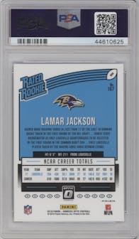 Lamar Jackson from the 2018 Panini Donruss Optic set featuring a Holo parallel graded by PSA and given an overall grade of 10.