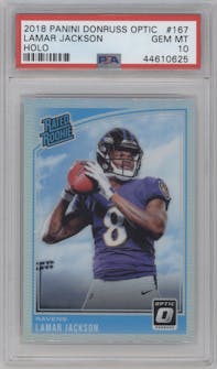 Lamar Jackson from the 2018 Panini Donruss Optic set featuring a Holo parallel graded by PSA and given an overall grade of 10.