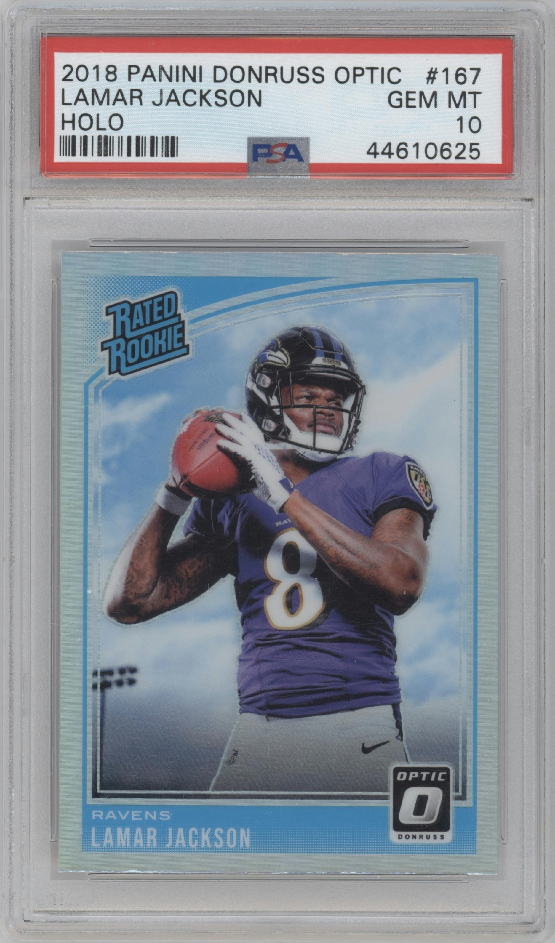 Lamar Jackson from the 2018 Panini Donruss Optic set featuring a Holo parallel graded by PSA and given an overall grade of 10.