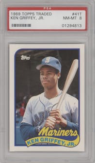 Ken Griffey Jr. from the 1989 Topps Traded set graded by PSA and given an overall grade of 8.