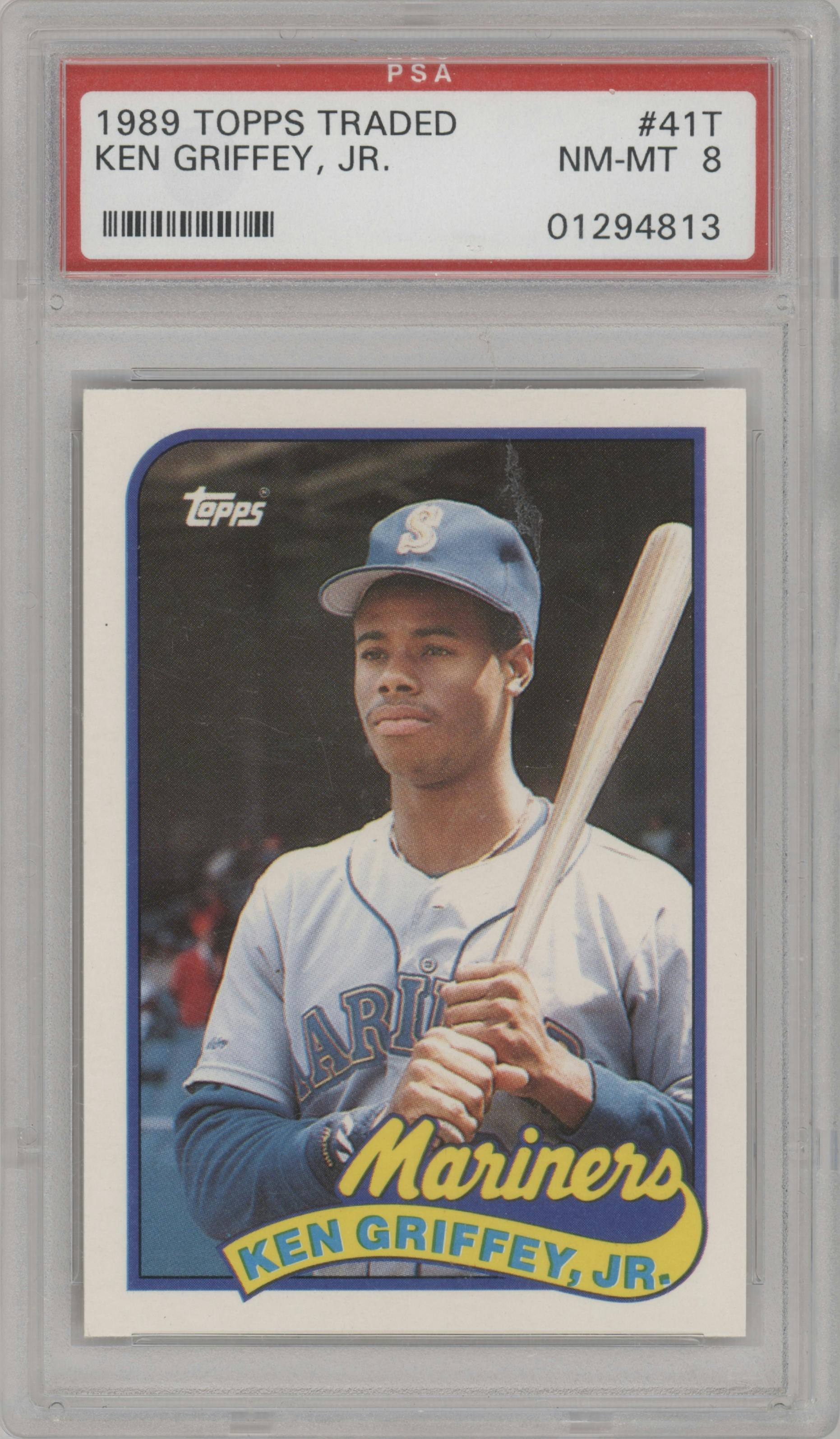 Ken Griffey Jr. from the 1989 Topps Traded set graded by PSA and given an overall grade of 8.