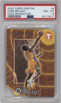 Kobe Bryant from the 2002-03 Topps Pristine set featuring a Gold Refractor parallel graded by PSA and given an overall grade of 8.