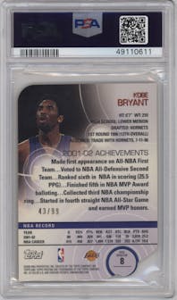 Kobe Bryant from the 2002-03 Topps Pristine set featuring a Gold Refractor parallel graded by PSA and given an overall grade of 8.