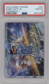 Bobby Witt Jr. from the 2023 Topps Cosmic Chrome set graded by PSA and given an overall grade of 10.