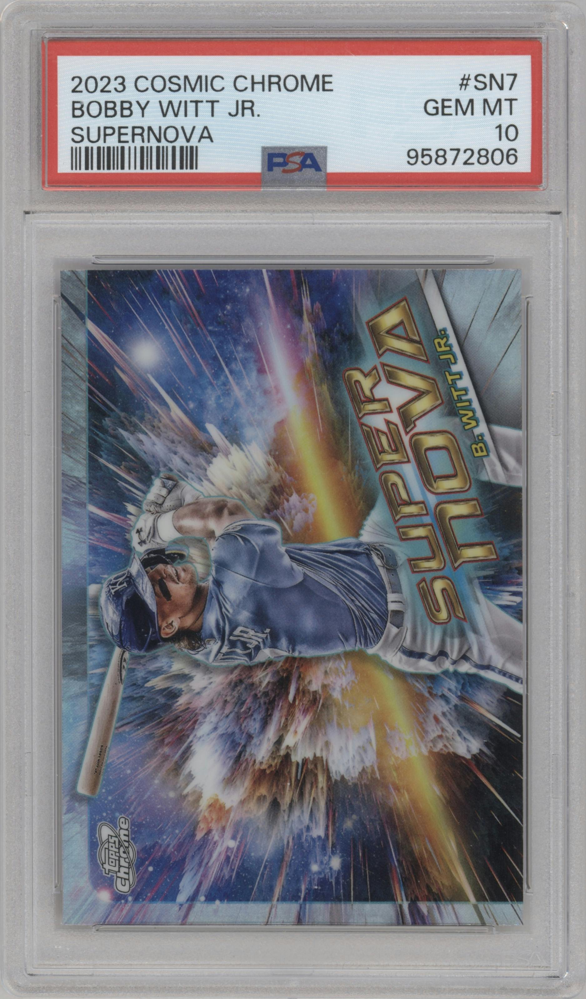 Bobby Witt Jr. from the 2023 Topps Cosmic Chrome set graded by PSA and given an overall grade of 10.