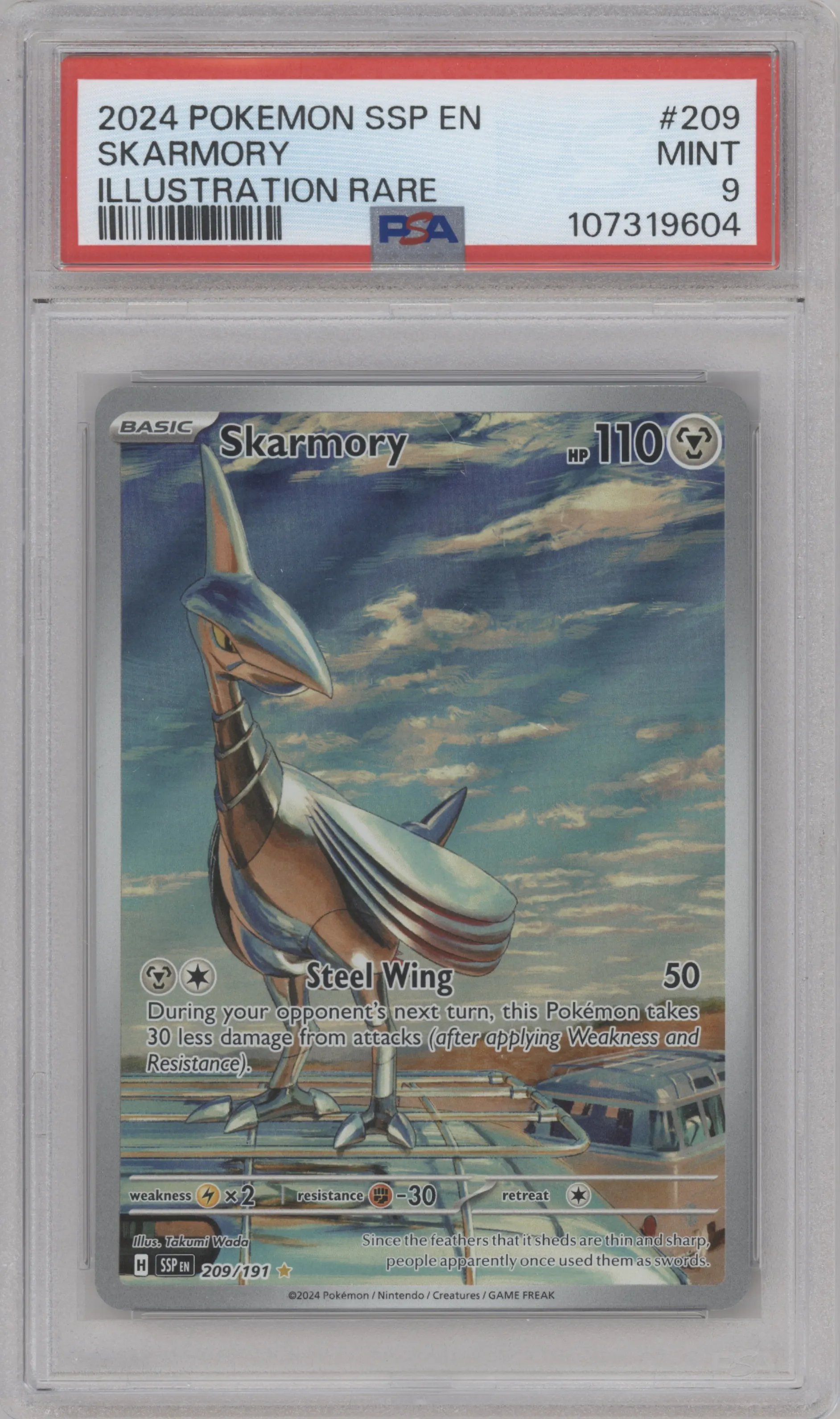 Skarmory from the 2024 Pokemon SV set graded by PSA and given an overall grade of 9.