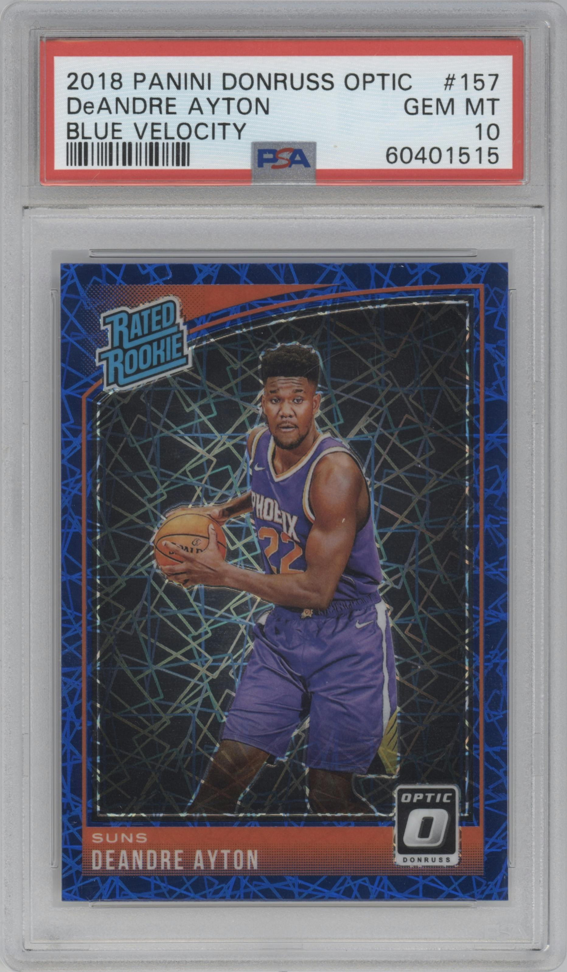 Deandre Ayton from the 2018-19 Panini Donruss Optic set featuring a Blue Velocity parallel graded by PSA and given an overall grade of 10.