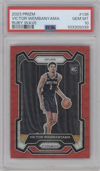 Victor Wembanyama from the 2023-24 Panini Prizm set featuring a Ruby Wave parallel graded by PSA and given an overall grade of 10.