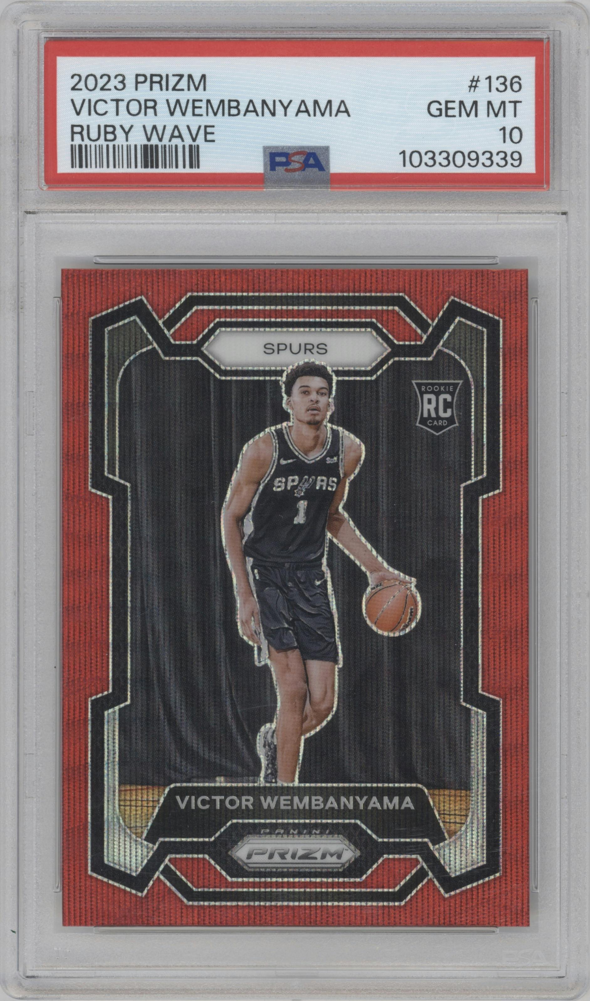 Victor Wembanyama from the 2023-24 Panini Prizm set featuring a Ruby Wave parallel graded by PSA and given an overall grade of 10.