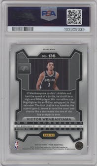 Victor Wembanyama from the 2023-24 Panini Prizm set featuring a Ruby Wave parallel graded by PSA and given an overall grade of 10.