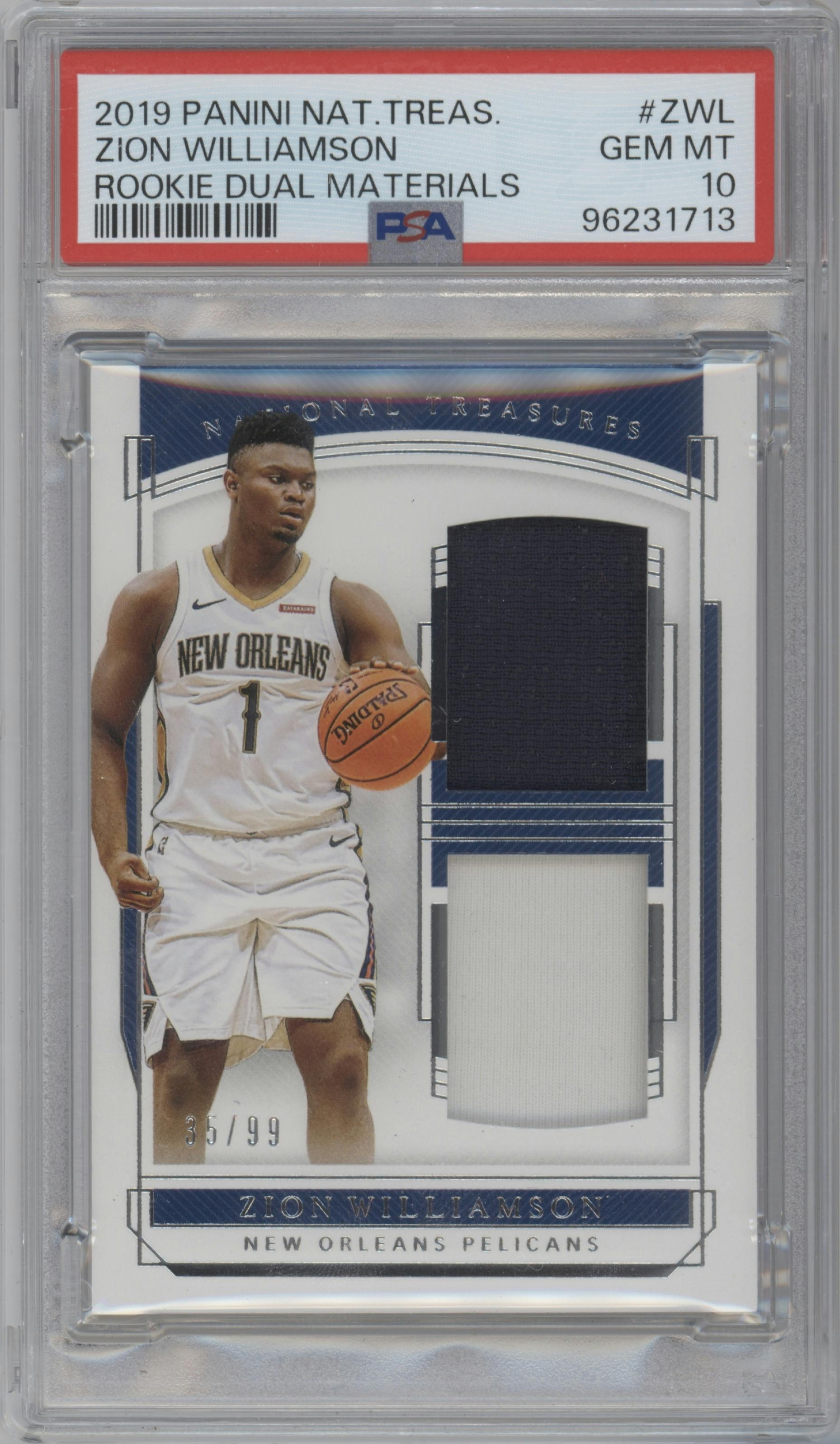 Zion Williamson from the 2019-20 Panini National Treasures Basketball set graded by PSA and given an overall grade of 10.