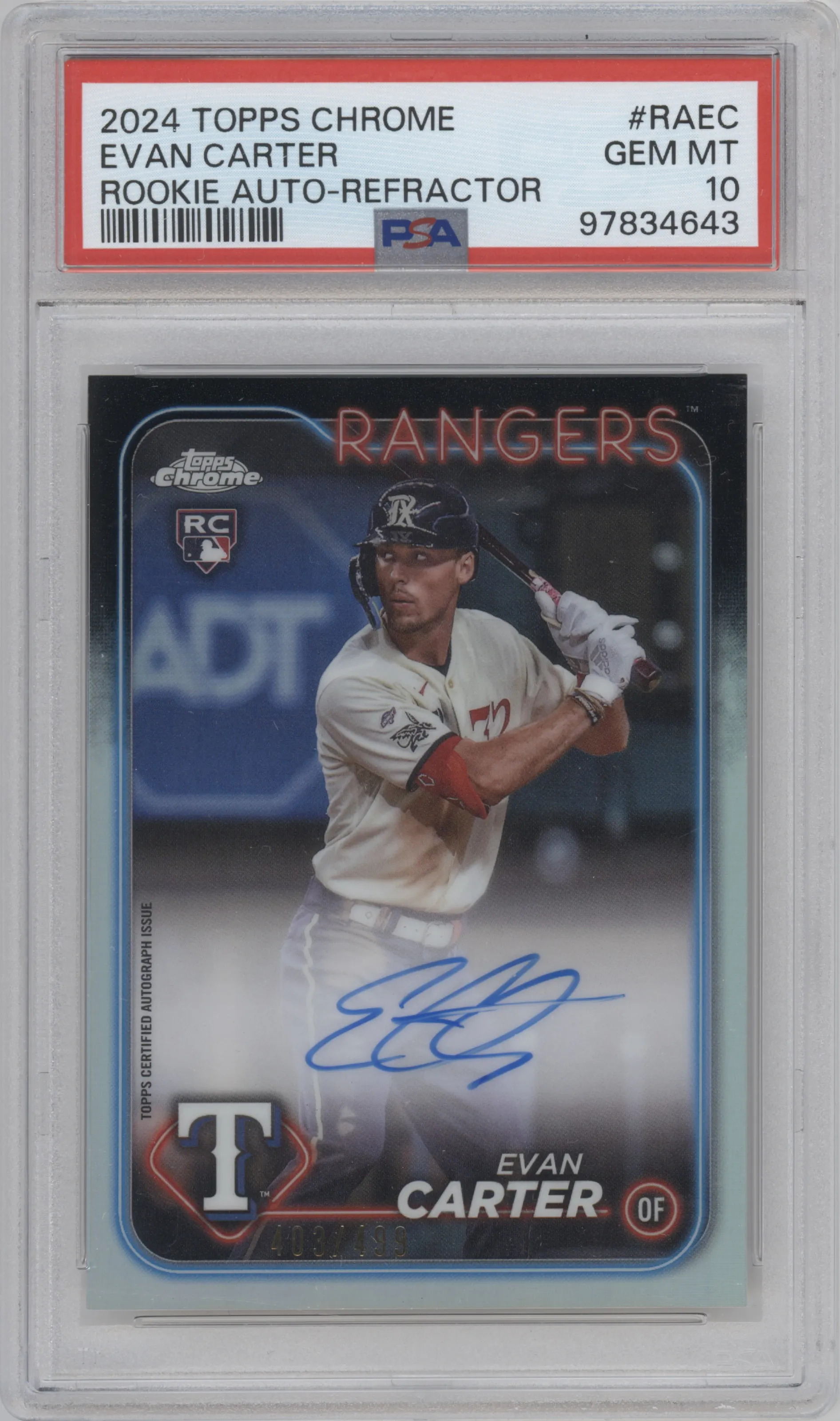 2024 Topps Chrome Rke.Auto Evan Carter Refractor #RA-EC PSA 10