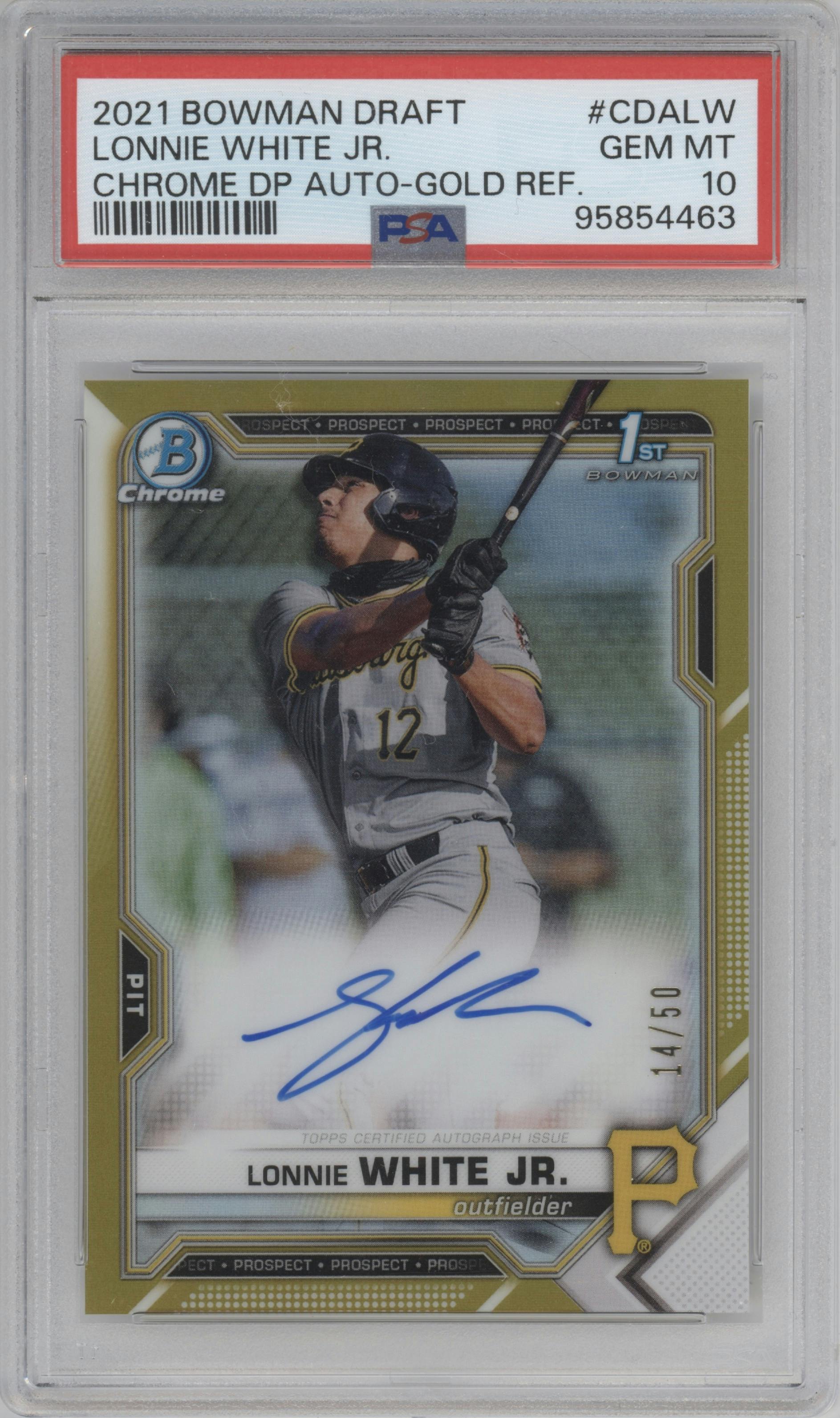 Lonnie White Jr. from the 2021 Bowman Draft set featuring a Gold Refractor parallel graded by PSA and given an overall grade of 10.