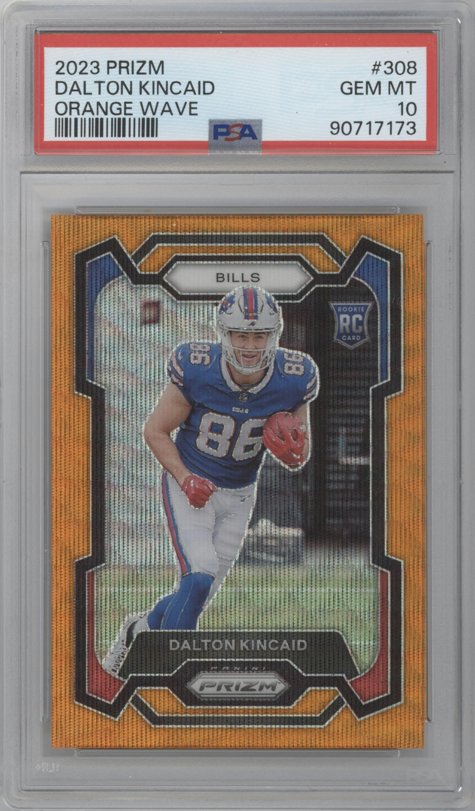 Dalton Kincaid from the 2023 Panini Prizm set featuring a Orange Wave parallel graded by PSA and given an overall grade of 10.