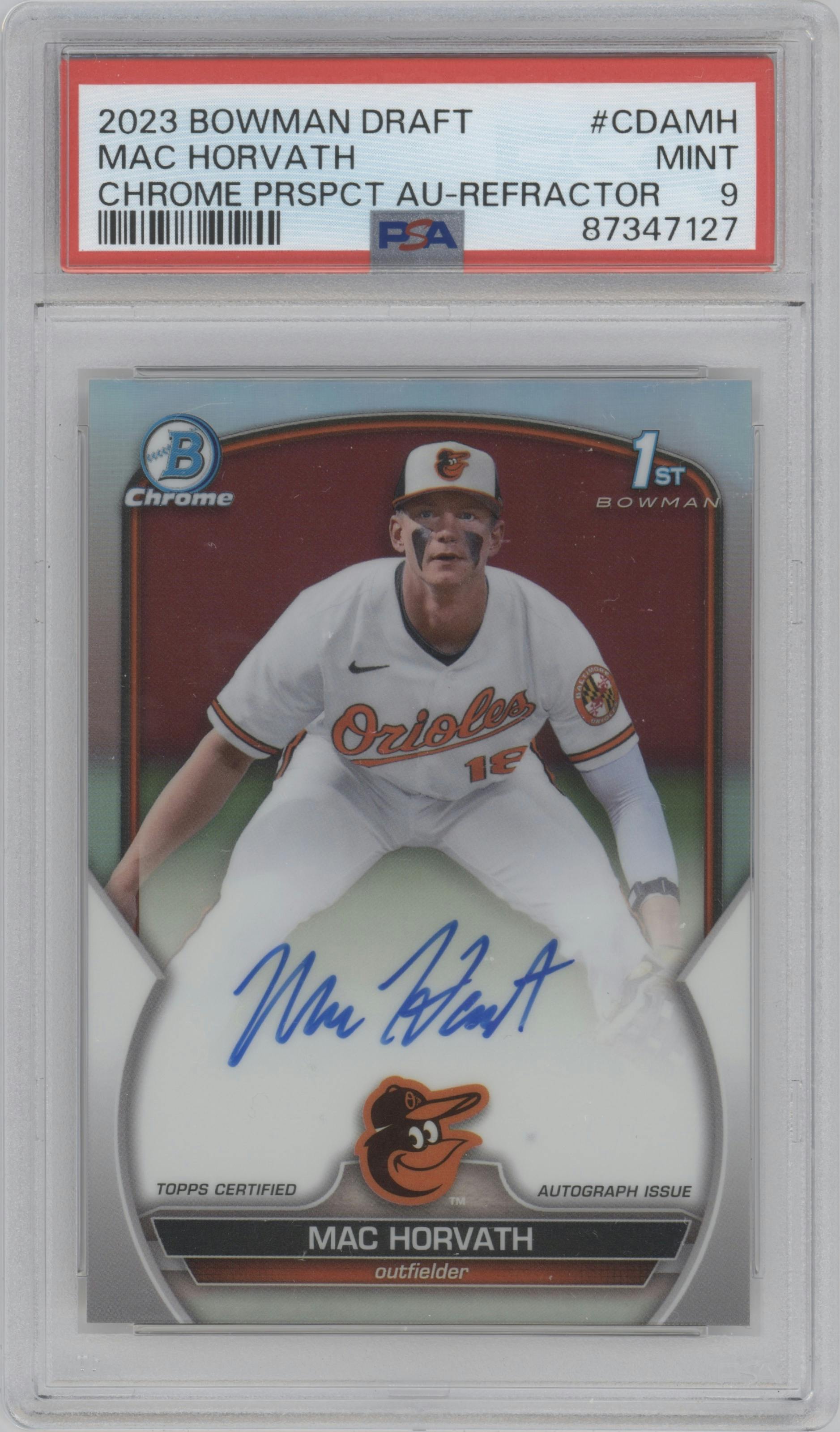 Mac Horvath from the 2023 Bowman Draft set featuring a Refractor parallel graded by PSA and given an overall grade of 9.