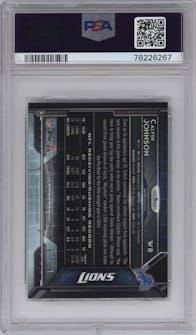 Calvin Johnson from the 2015 Topps Chrome set featuring a Gold Refractor parallel graded by PSA and given an overall grade of 10.