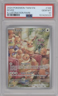 Eevee from the 2024 Pokemon SV set graded by PSA and given an overall grade of 10.