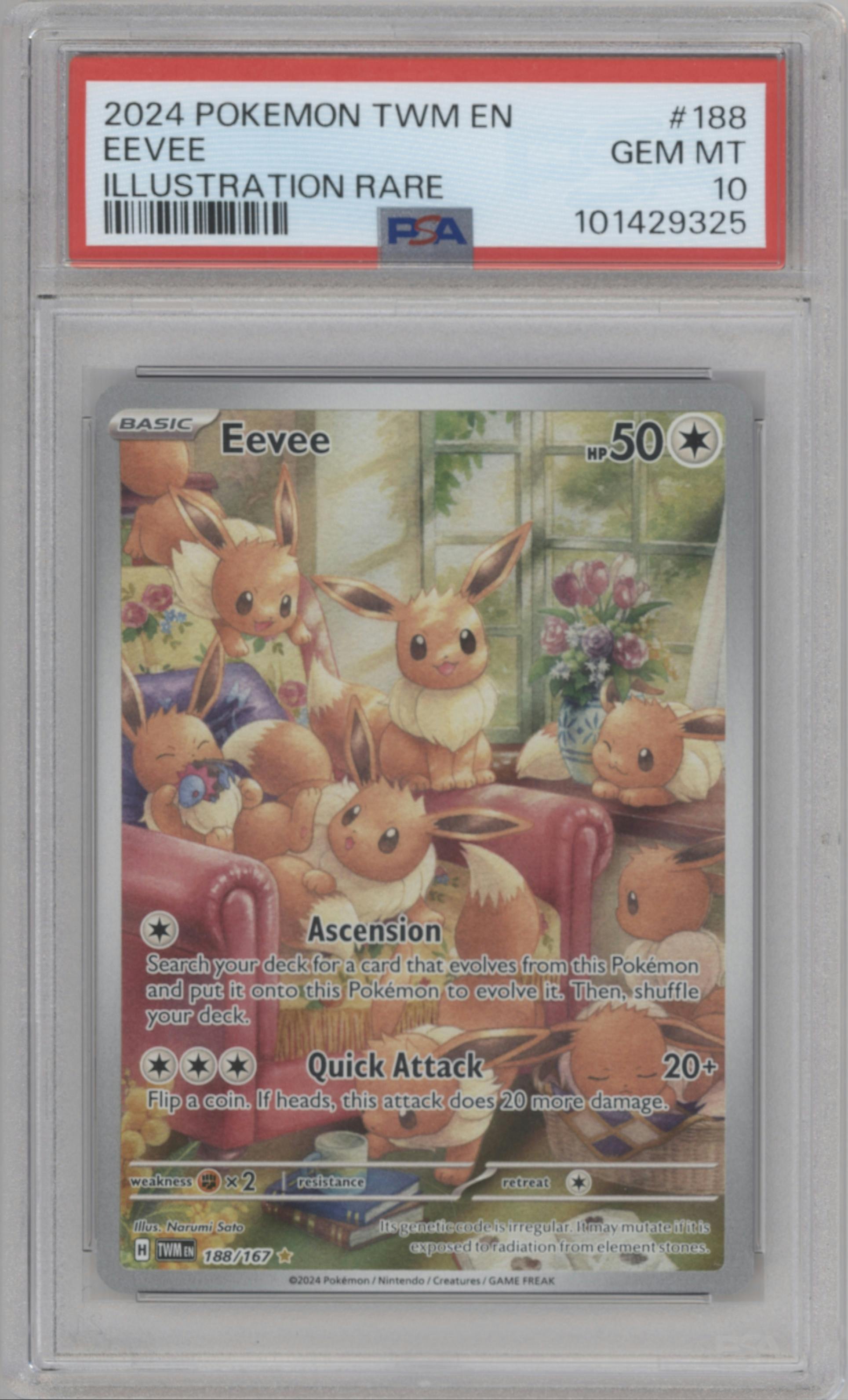 Eevee from the 2024 Pokemon SV set graded by PSA and given an overall grade of 10.