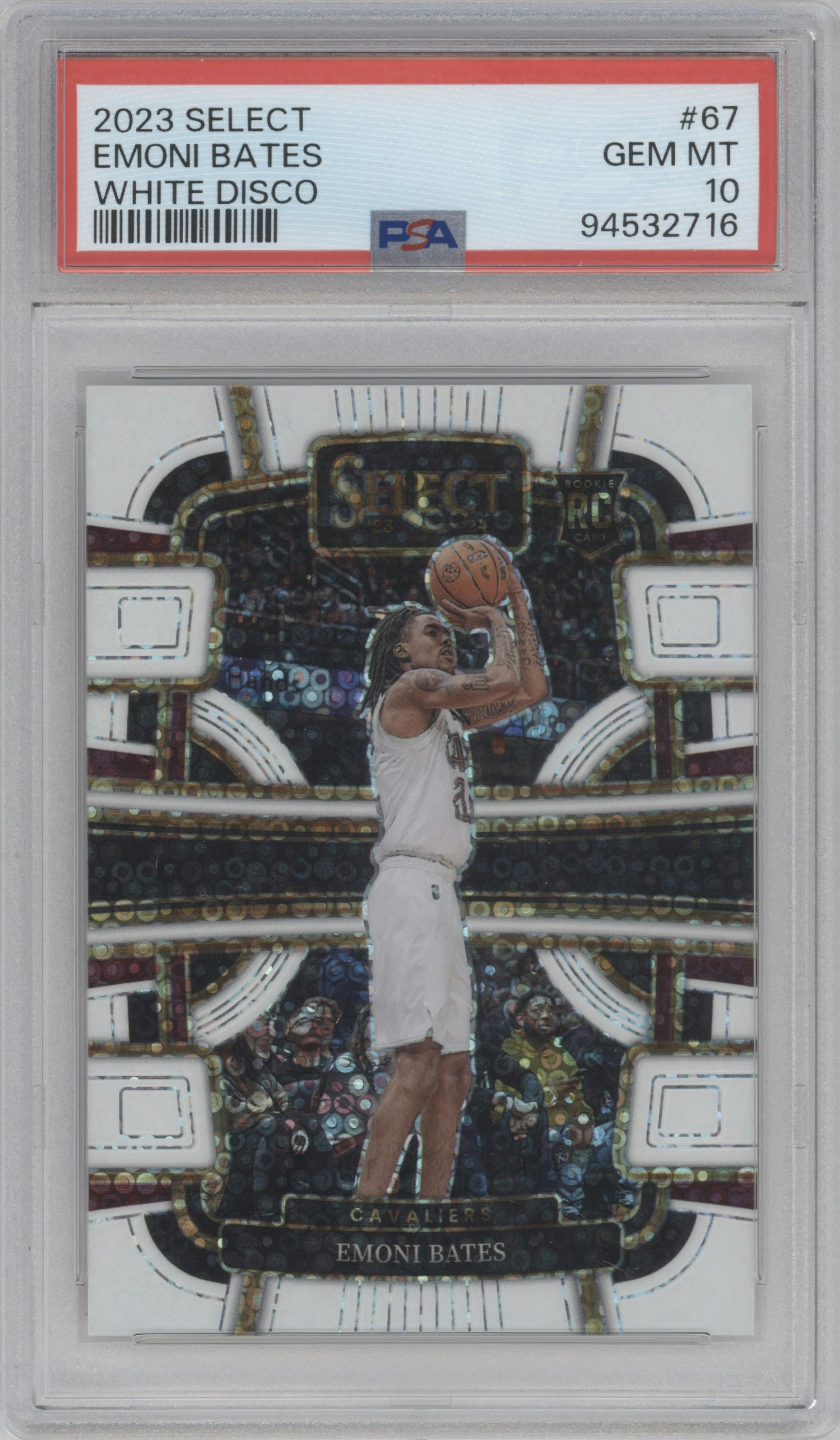 Emoni Bates from the 2023-24 Panini Select  set featuring a Disco White parallel graded by PSA and given an overall grade of 10.