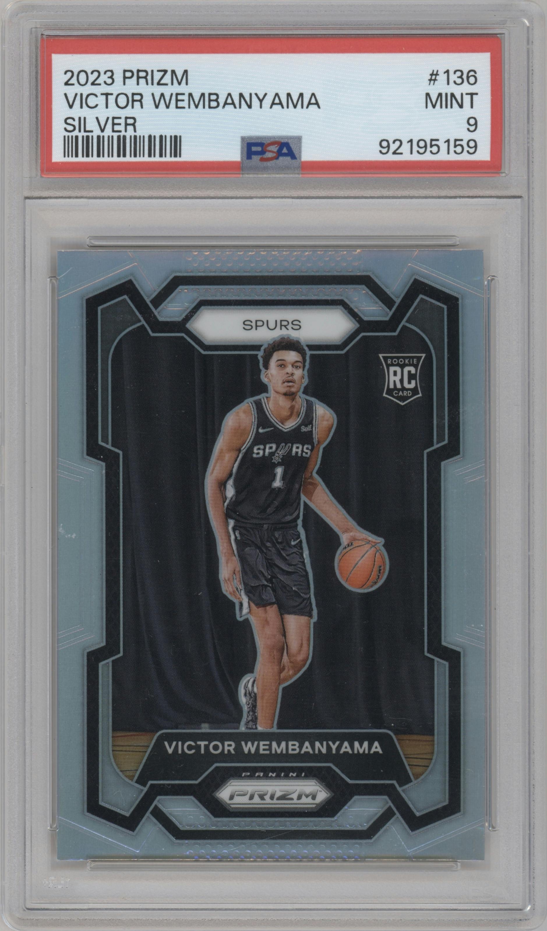Victor Wembanyama from the 2023-24 Panini Prizm set featuring a Silver Prizm  parallel graded by PSA and given an overall grade of 9.