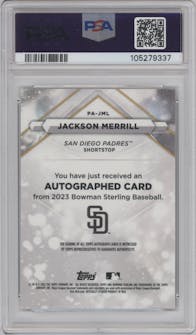Jackson Merrill from the 2023 Bowman Sterling set graded by PSA and given an overall grade of 9.