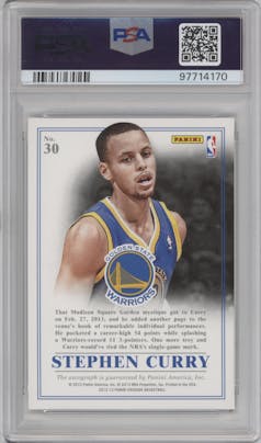 Stephen Curry from the 2012-13 Panini Crusade set featuring a Gold parallel graded by PSA and given an overall grade of 10.
