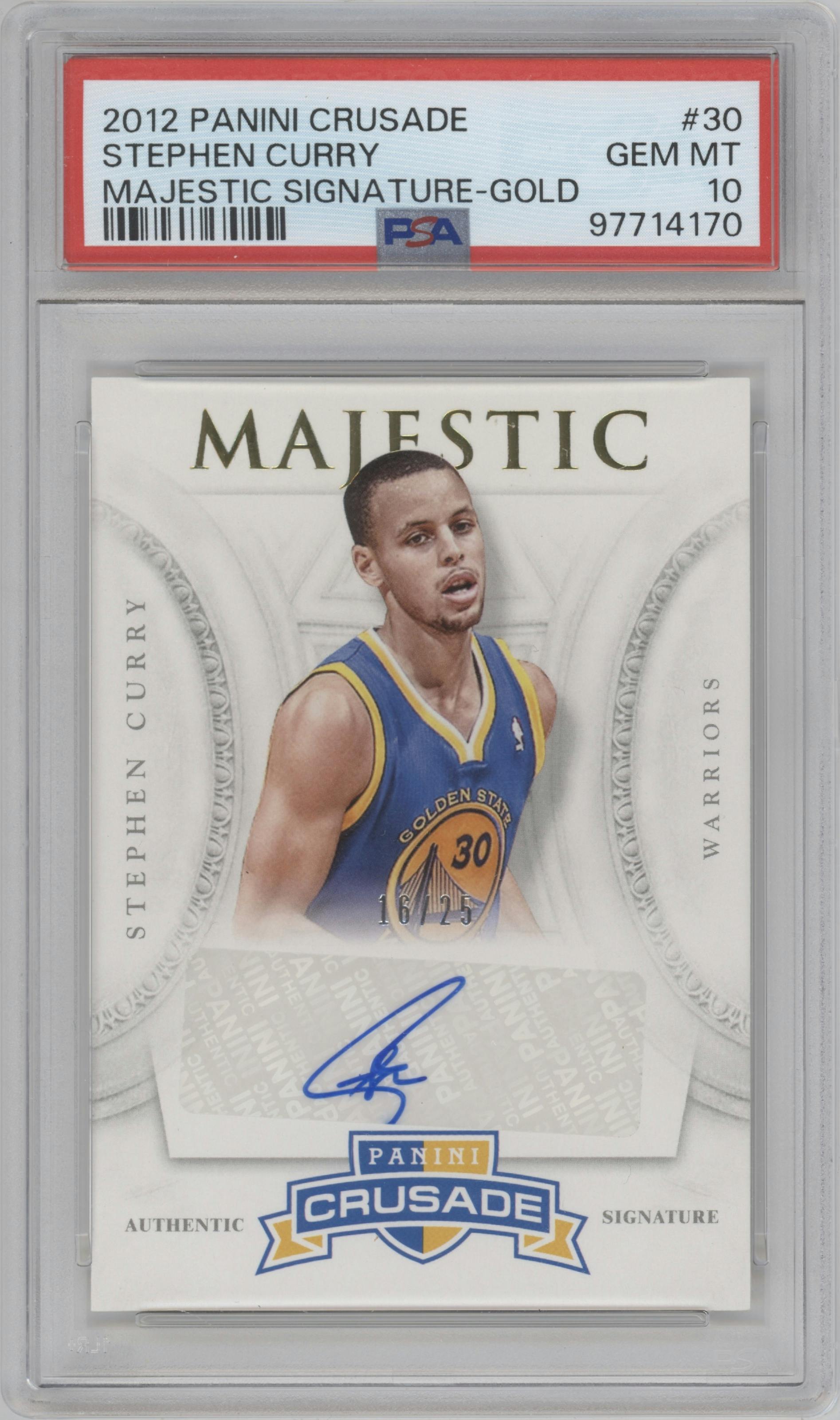 Stephen Curry from the 2012-13 Panini Crusade set featuring a Gold parallel graded by PSA and given an overall grade of 10.