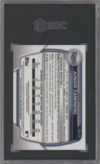 Junior Caminero from the 2023 Bowman  set featuring a Refractor parallel graded by SGC and given an overall grade of 9.5.