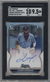 Junior Caminero from the 2023 Bowman  set featuring a Refractor parallel graded by SGC and given an overall grade of 9.5.