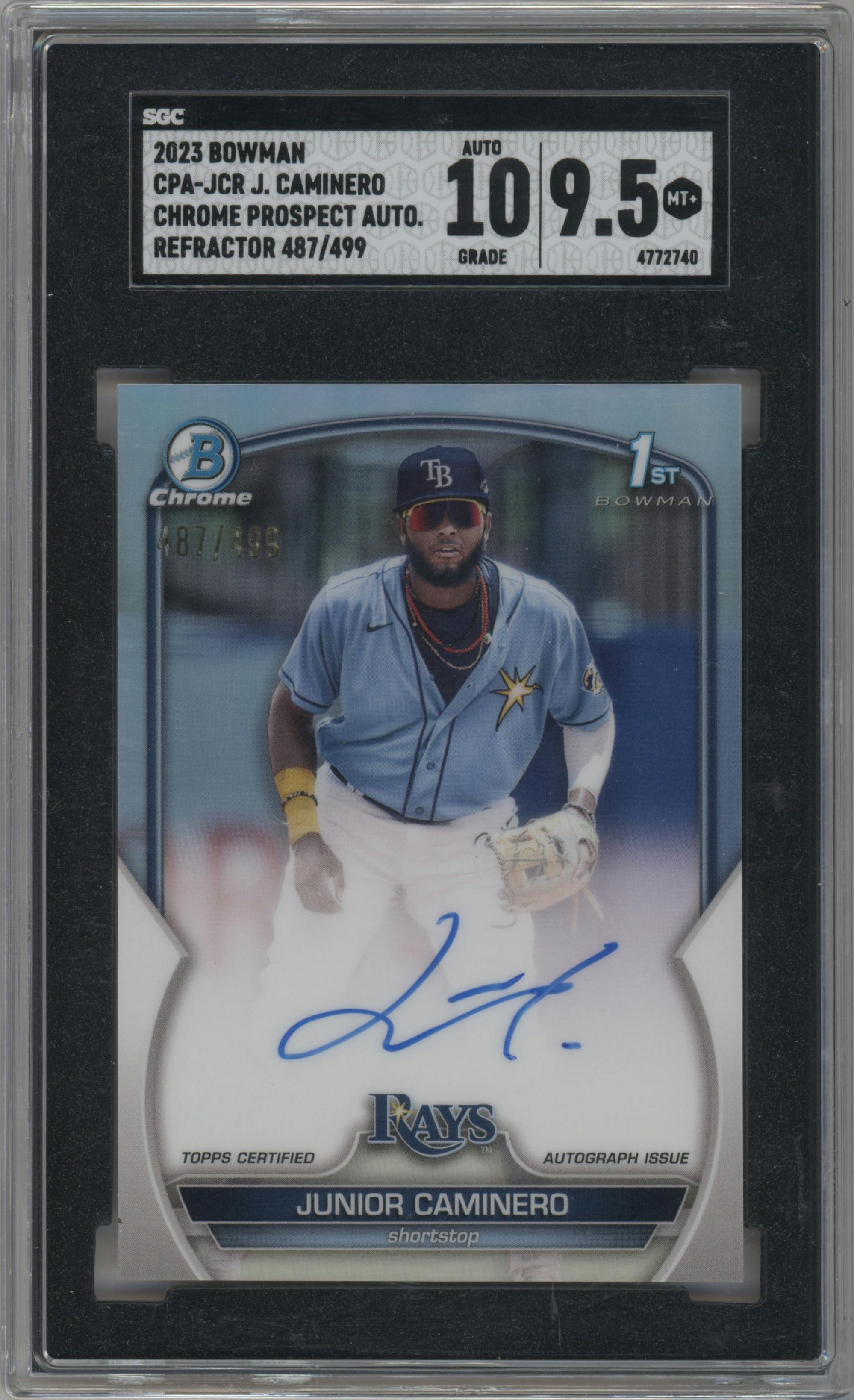 Junior Caminero from the 2023 Bowman  set featuring a Refractor parallel graded by SGC and given an overall grade of 9.5.
