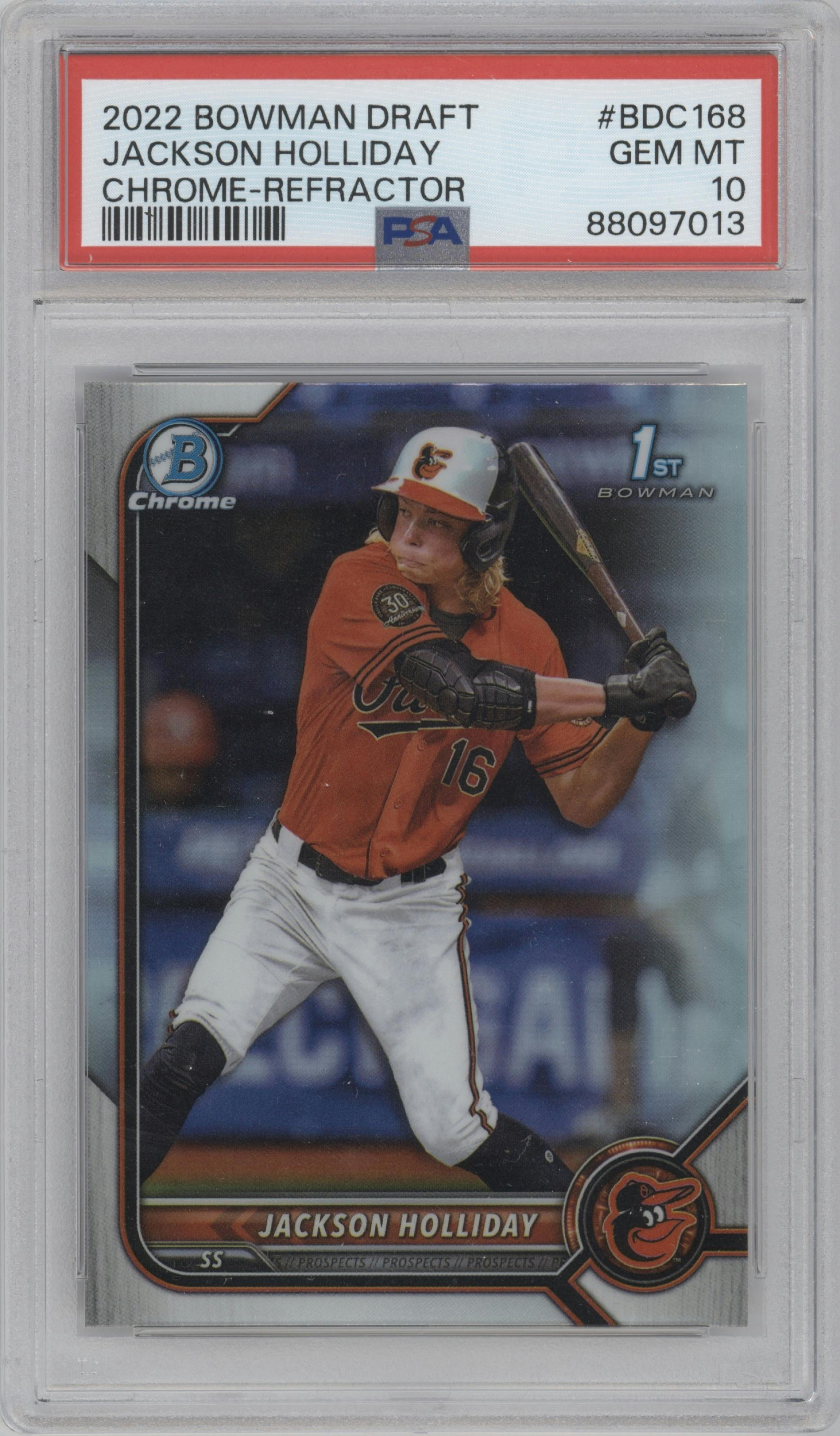 Jackson Holliday from the 2022 Bowman Draft set featuring a Refractor parallel graded by PSA and given an overall grade of 10.
