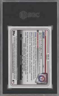 Evan Carter from the 2020 Bowman Draft set featuring a Refractor parallel graded by SGC and given an overall grade of 9.5.