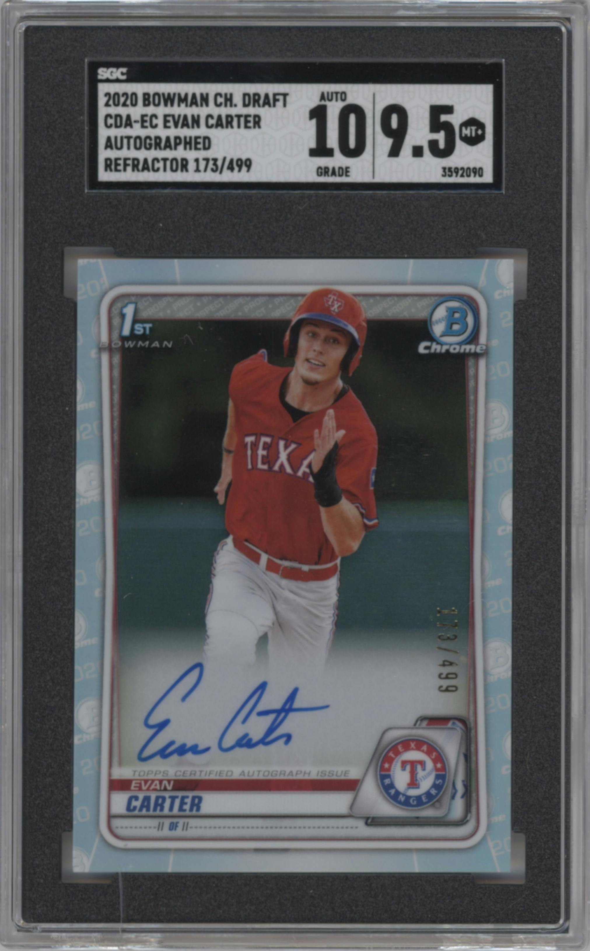 Evan Carter from the 2020 Bowman Draft set featuring a Refractor parallel graded by SGC and given an overall grade of 9.5.