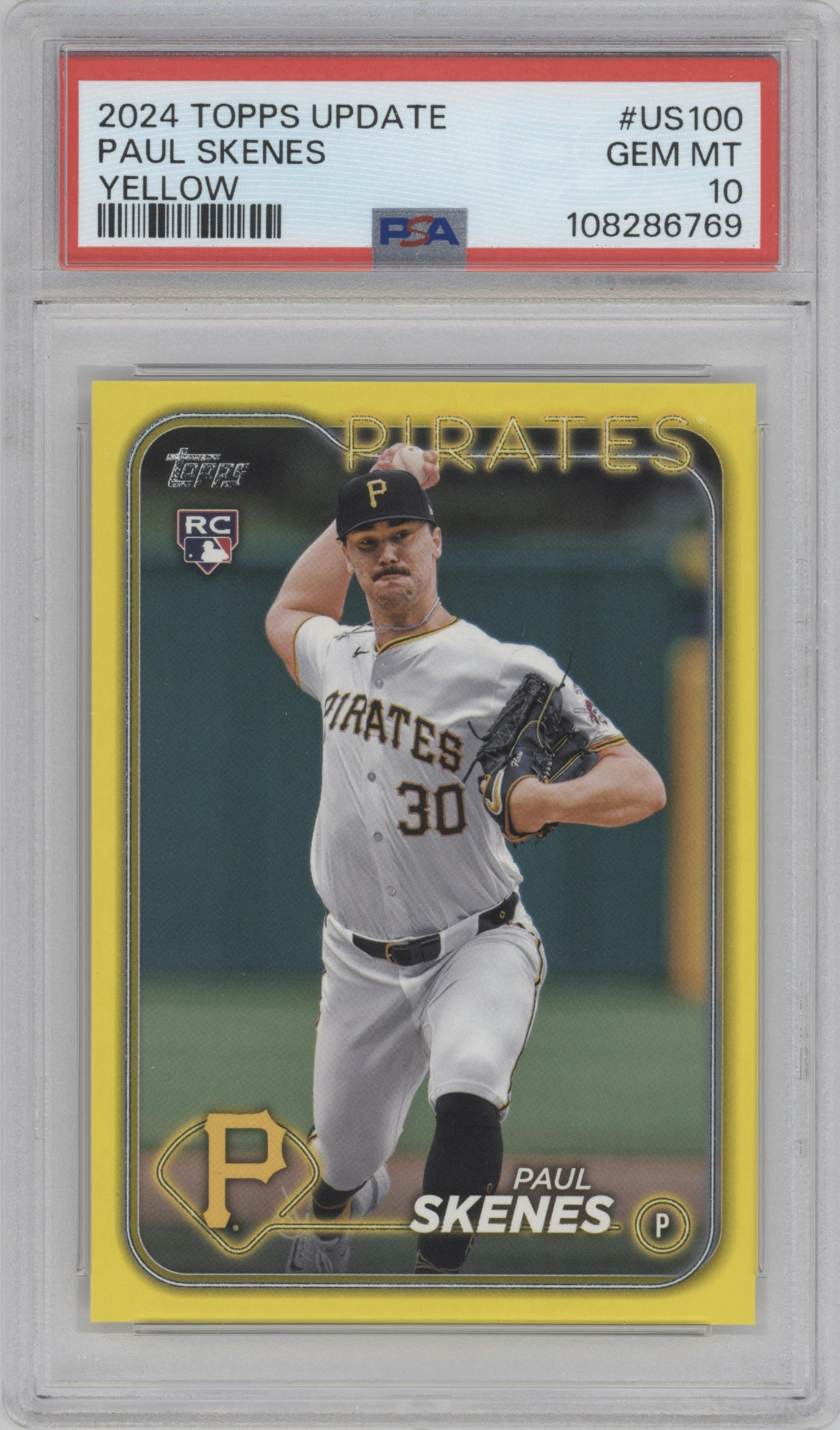 Paul Skenes from the 2024 Topps Update set featuring a Yellow  parallel graded by PSA and given an overall grade of 10.