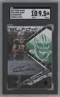 Chris Olave from the 2022 Panini Black set featuring a Emerald parallel graded by SGC and given an overall grade of 9.5.