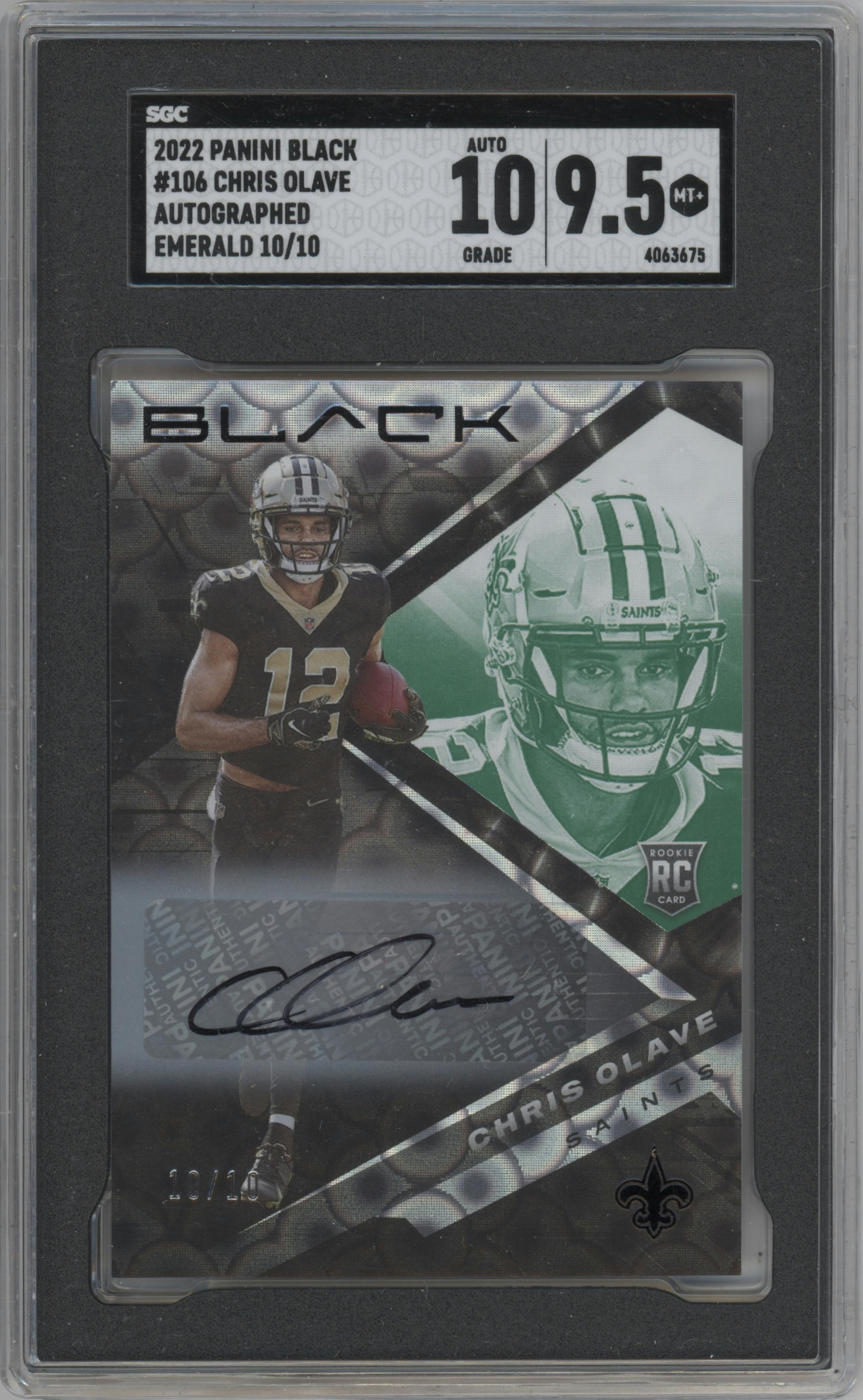 Chris Olave from the 2022 Panini Black set featuring a Emerald parallel graded by SGC and given an overall grade of 9.5.