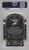 Jalen Hurts from the 2020 Panini Select set featuring a Die-Cut Orange parallel graded by PSA and given an overall grade of 10.