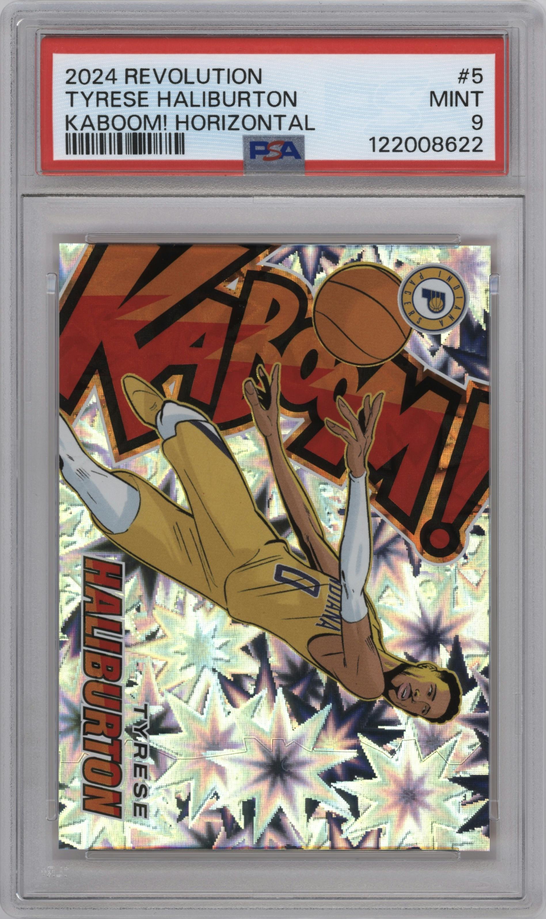 Tyrese Haliburton from the 2024-25 Panini Revolution set graded by PSA and given an overall grade of 9.