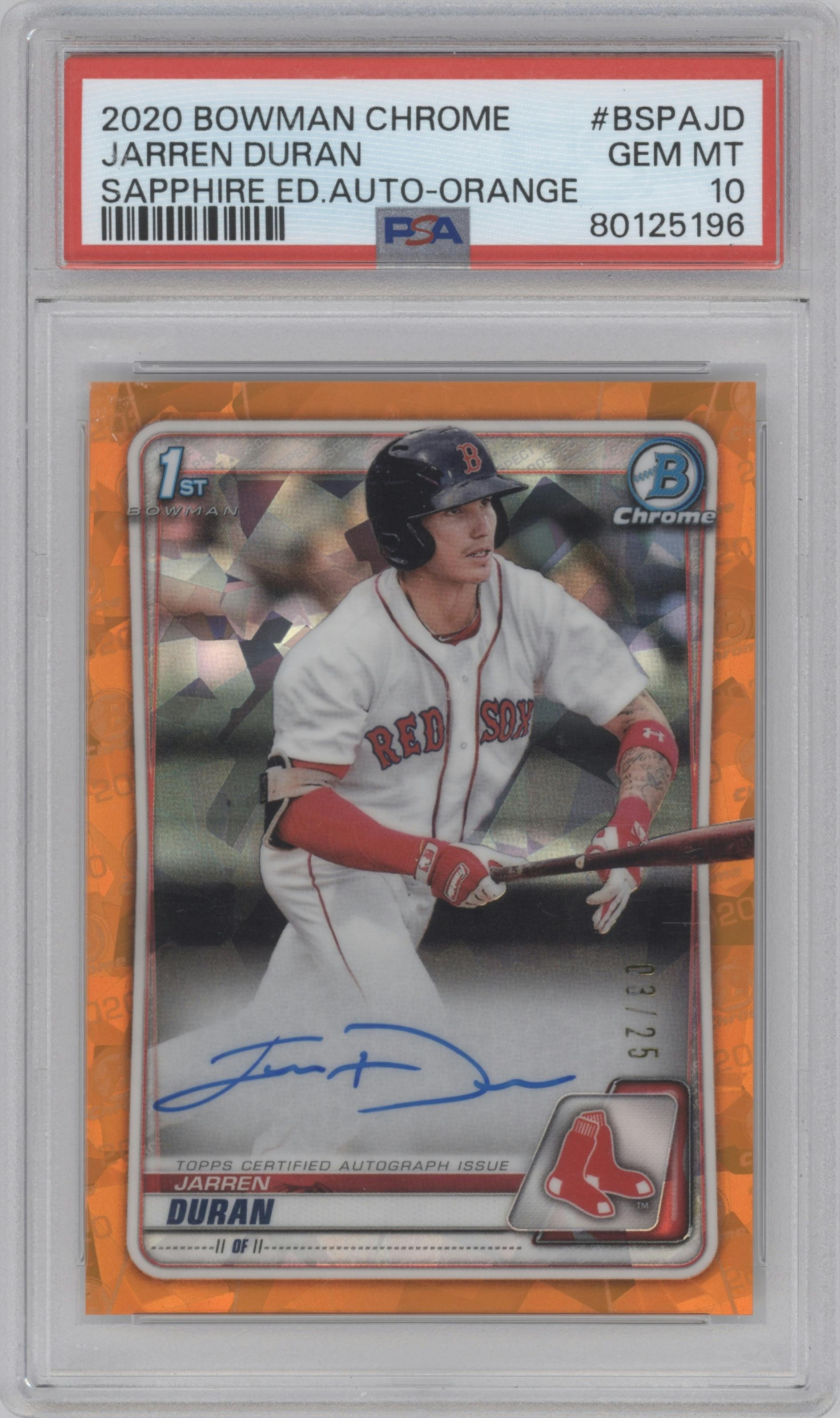 Jarren Duran from the 2020 Bowman Sapphire Edition set featuring a Orange parallel graded by PSA and given an overall grade of 10.