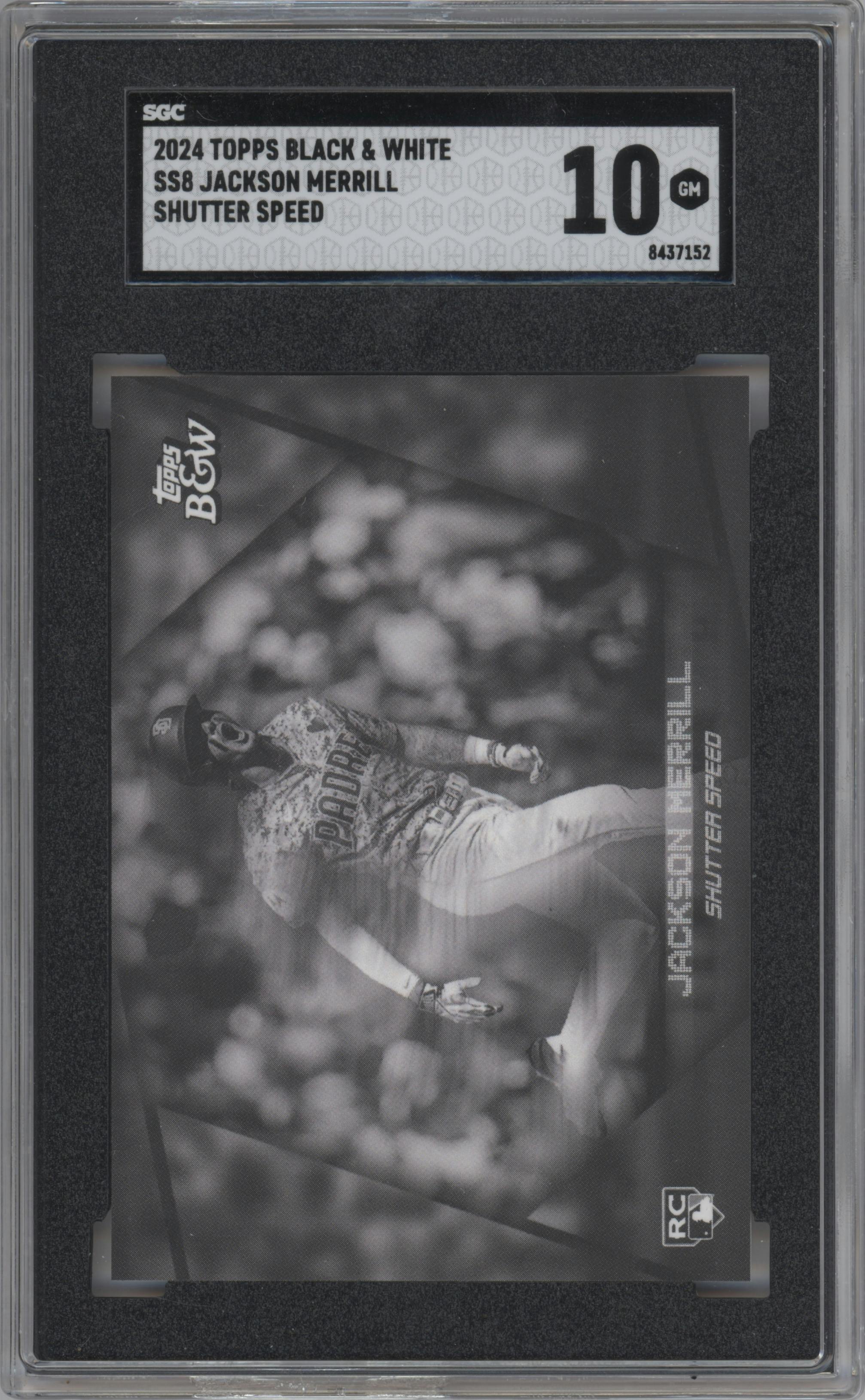 Jackson Merrill from the 2024 Topps Black & White set graded by SGC and given an overall grade of 10.