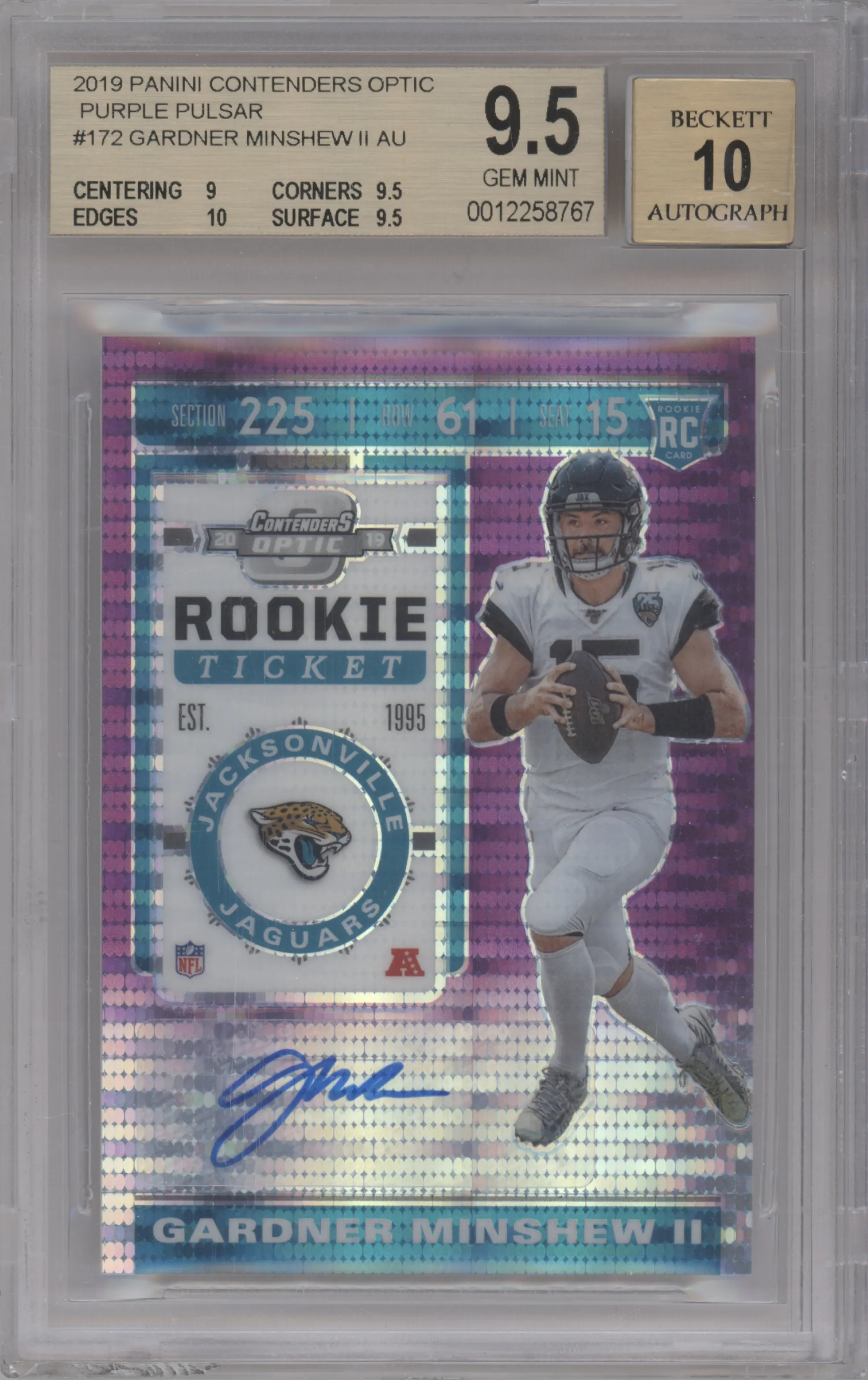 2019 Panini Contenders Optic Rke.Tkt.Auto Gardner Minshew II Purple Pulsar FOTL BGS 9.5