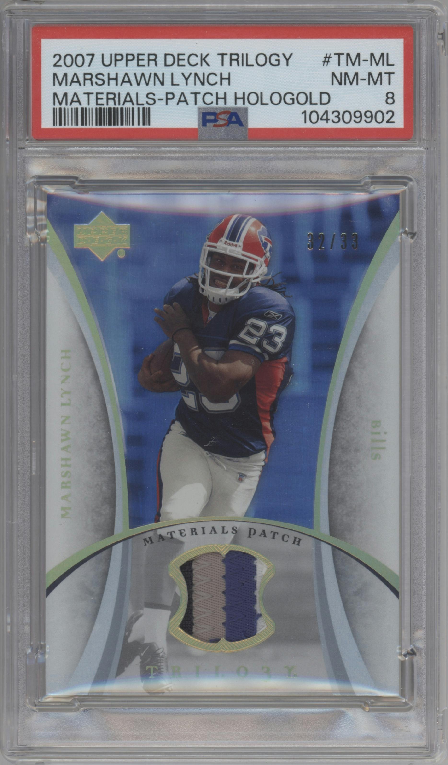 Marshawn Lynch from the 2007 Upper Deck Trilogy set featuring a Hologold parallel graded by PSA and given an overall grade of 8.