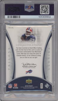 Marshawn Lynch from the 2007 Upper Deck Trilogy set featuring a Hologold parallel graded by PSA and given an overall grade of 8.
