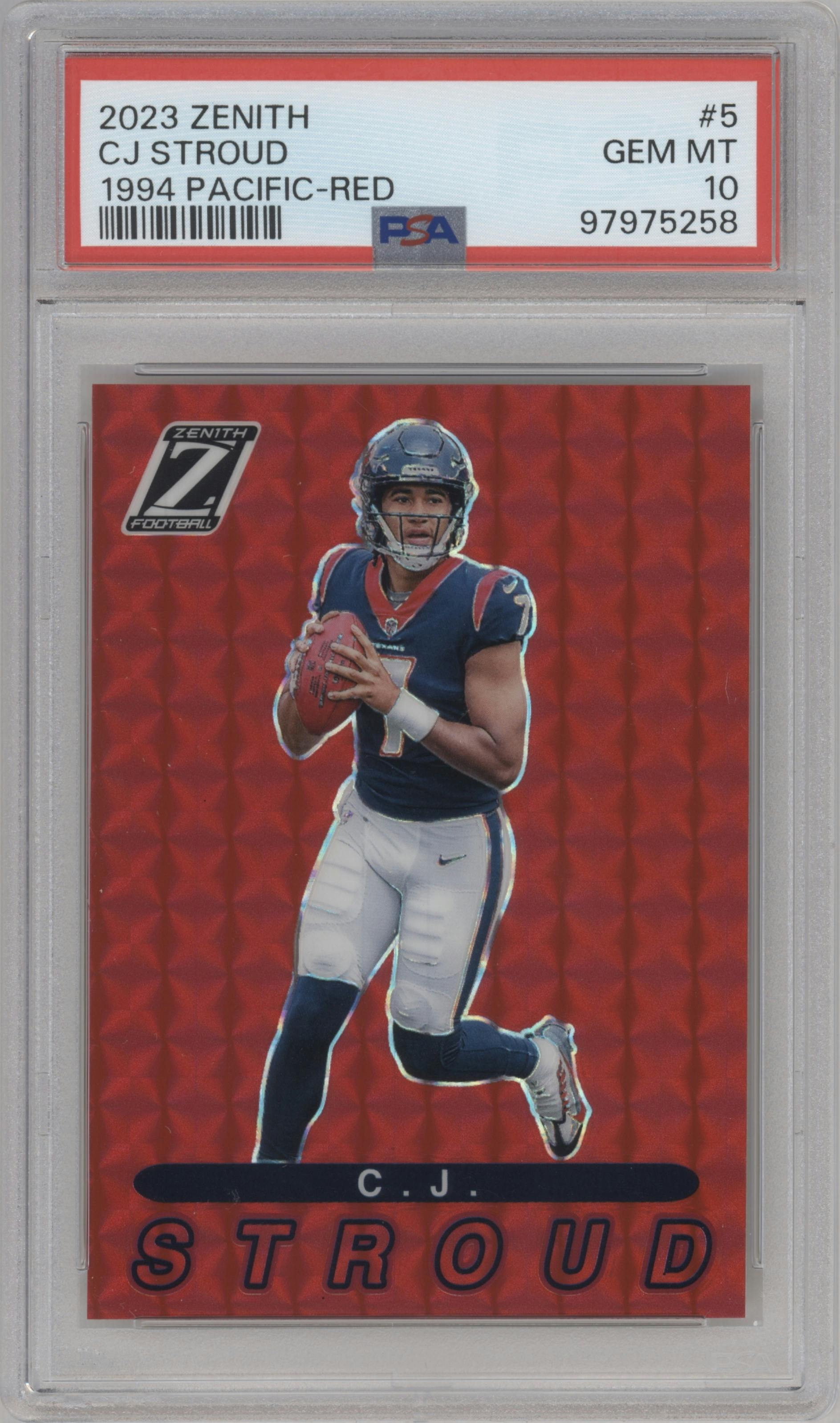 C.J. Stroud from the 2023 Panini Zenith set featuring a Red parallel graded by PSA and given an overall grade of 10.