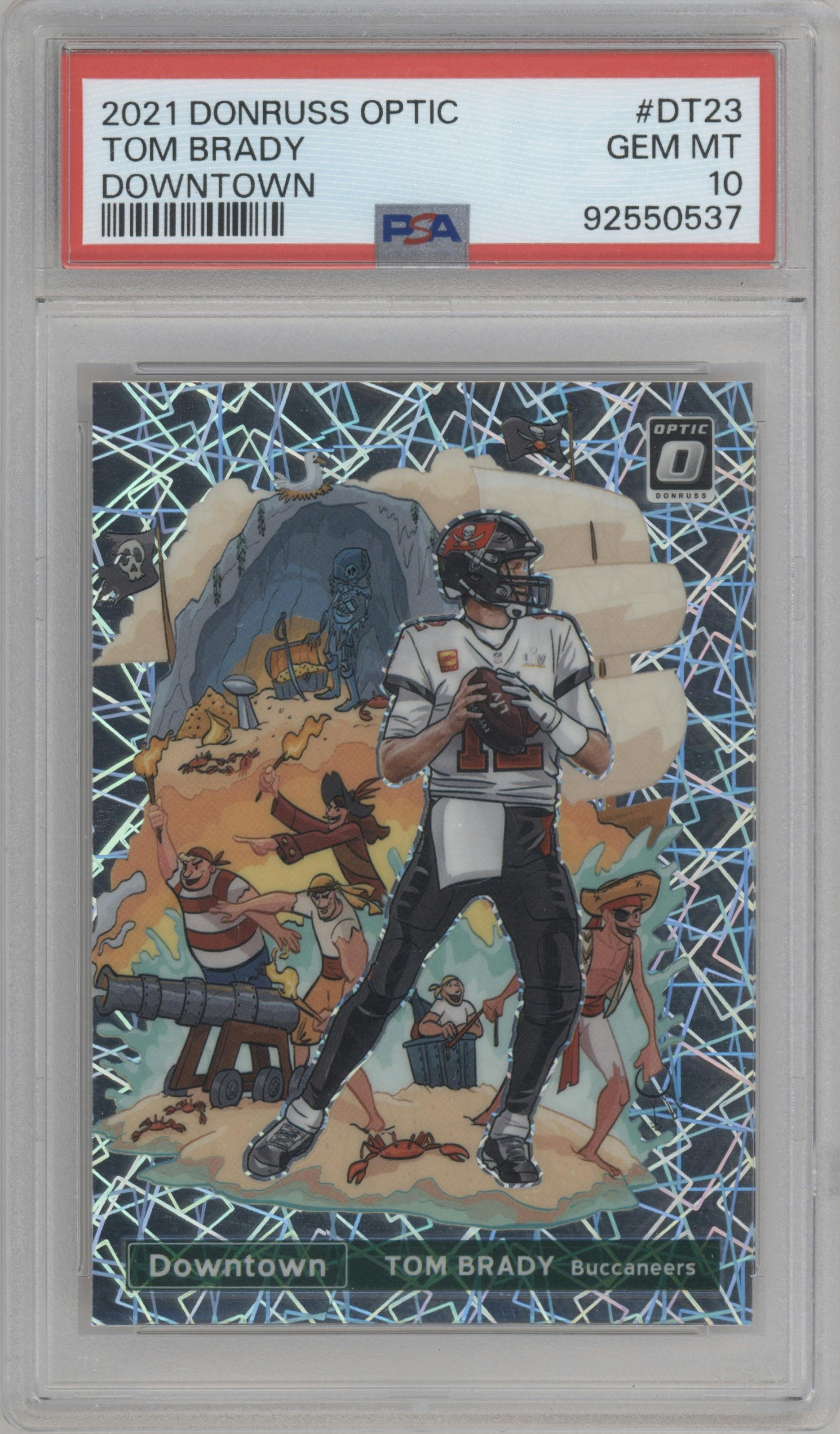 Tom Brady from the 2021 Panini Donruss Optic set graded by PSA and given an overall grade of 10.
